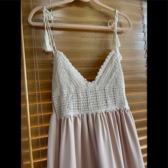 Boho Summer Crochet Maxi Dress, Tassel Adorned, Adjustable Tassel Tie - Picture 4 of 13